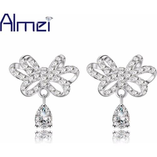 Almei 15%Off Bowknot Earrings for Women Rhinestone Water Drop Earings Jewelry Silver Brincos Bijouterie Crystal Oorbellen ED201