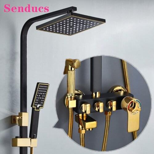 Thermostatic Shower System Rainfall Black Gold Bathroom Mixer Faucet Wall Mounted Shower Set Copper Black Gold Shower Set
