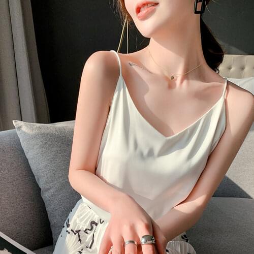 Summer Silk Suspenders Women Wear A Suit V-neck Loose Bottoming Satin Vest and Wear A Sexy Net Red Top Crop Top Women