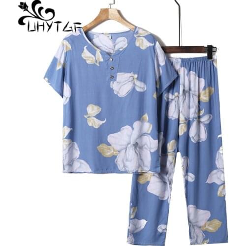 UHYTGF Women Tracksuit Soft Cotton Silk Middle-Aged Elderly Mom Thin Suits Casual Summer Two-Piece Set Female 4XL Plus Size 1375
