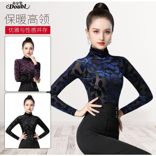 Female High Neck Long Sleeve Latin Practice Clothes Dance National Standard Tops Modern Soft Burnt-Out Fabric Warmth Slim