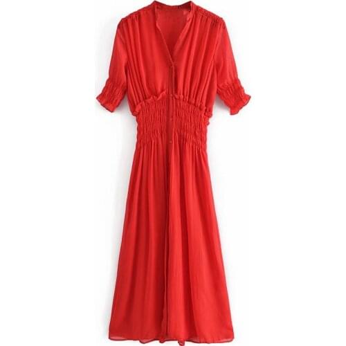 Women 2021 Summer Red Puff Short Sleeve Elastic Waist Midi Dress Button Vintage Party Chiffon Lady Dresses