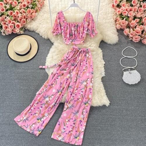 Two-piece high-waist wide-leg pants womens 2021 summer new fashion western-style floral chiffon blouse for age reduction suit