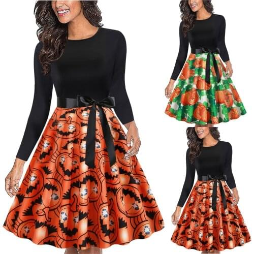 Womens Halloween Costumes Cosplay Dresses Long Sleeve O-Neck Skeleton Pumpkin Print Swing Dress Elegant Party Dress Vestidos