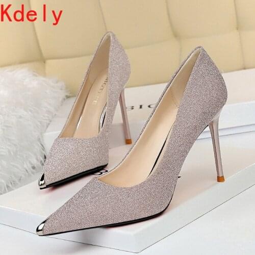 2021 Ladies High Heels Shoes Summer Shallow Elegant Party Wedding Shoes Fashion Pointed Toe Women Pumps Black Sliver