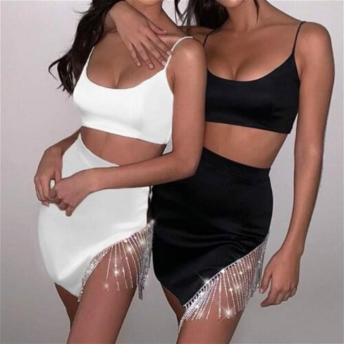 Chain Tassels Diamond 2 Piece Set Elastic Satin Strap Backless Tanks Crop Tops Mini Skirts Women 2021 Summer Outfits