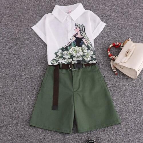 Summer 2 pieces suits girl print chiffon blouse shirt women tops + shorts set Women two piece set tracksuit With Belt