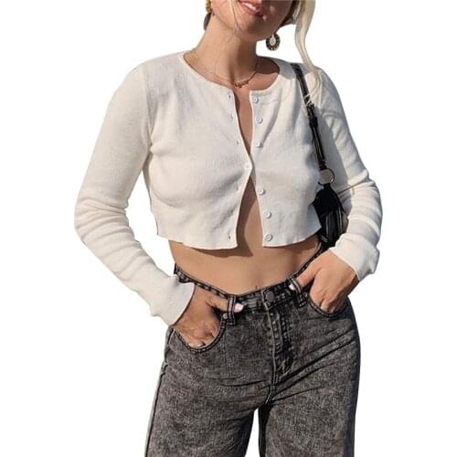 Xingqing Women Top Long Sleeve Solid Color Crop Outfit Button-Down Slim-Fit Cardigan T-Shirt Wild Fashion Round Neck Casual Top