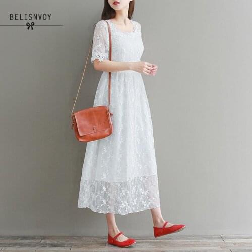 Mori Girl Summer Women Lace Dress Beach Korean Chic Sweet Slim Vestidos Longo Short Sleeve Elegant Vintage Party Midi Dresses