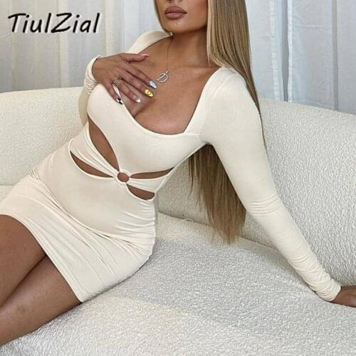 TiulZial Square Collar Hollow Out Bodycon Dress Long Sleeve Club Mini Dresses Women Autumn Short Party Dress