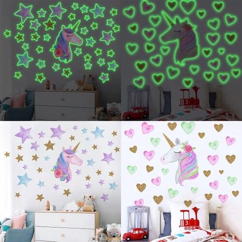 Golden luminous fluorescent unicorn wall stickers bedroom childrens room decoration wall decals luminous mural wallpaper