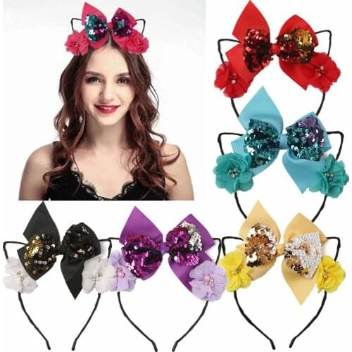 XIMA 1PC 4.5''Reversible Hair Bows Cat Ears Headband Flower Hair Hoops for Girls Princess Party Headband Birthday Gift