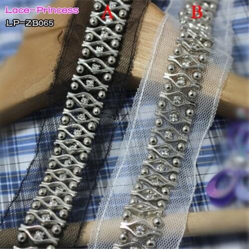 1 yard 2CM black white fabric silver drill clothing accessories collar flower DIY handmade beading Braid lace trim fabric ZB065