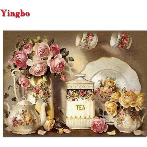 DIY 5D diamond painting kitchen decoration diamond embroidery flower tea set diamond mosaic full square cross stitch mosaic kit