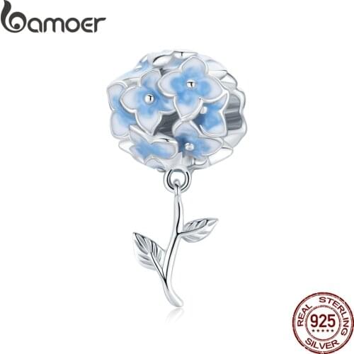 Bamoer 3D Blue Color Flower 925 Sterling Silver Hydrangeas Pendant Charms Fit Original Bracelet Jewelry Bijoux BSC392