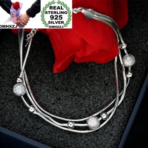 OMHXZJ Wholesale Personality Fashion OL Woman Girl Gift Silver Round Beads Three Lines Chain 925 Sterling Silver Bracelet BR24