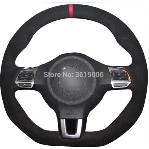 For Volkswagen Golf 6 MK6 Polo Scirocco R Hand-stitched Anti-Slip Black Suede Red Marker DIY Steering Wheel Cover