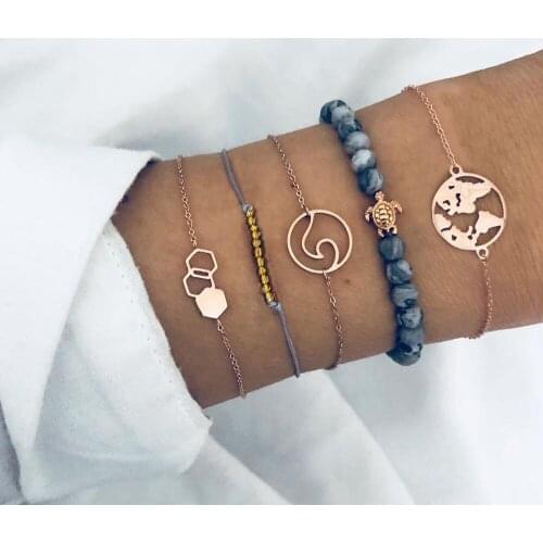 European and American Style Jewelry with Turtle Wave round Fashion Simple Beads Five-Piece Bracelet Set for Modern Women