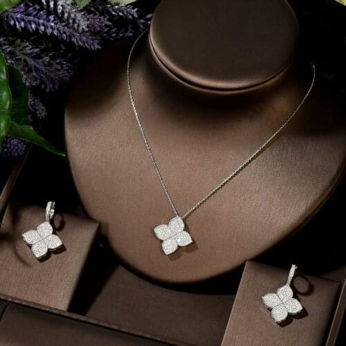 HIBRIDE Luxury Romantic Sweet Lucky Clover Necklace and Earring Jewelry Set for Women Girl Bridal Wedding Accessories N- 1415