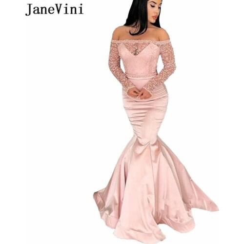 JaneVini Sexy Long Sleeves Mermaid Prom Dresses Off Shoulder Lace Pearls See Through Satin Floor Length Party Gowns Vestido Gala