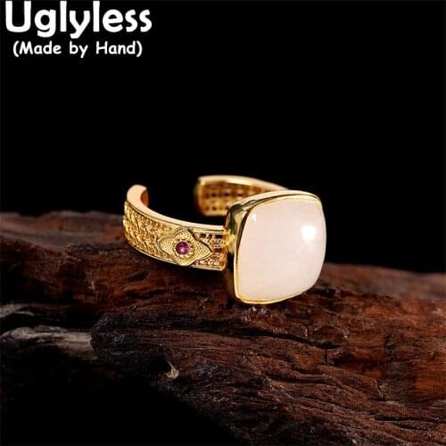 Uglyless Simple Fashion Square Jade Rings for Women Geometric Gemstones Rings Gold 925 Sterling Silver Minimalist Jewelry Retro