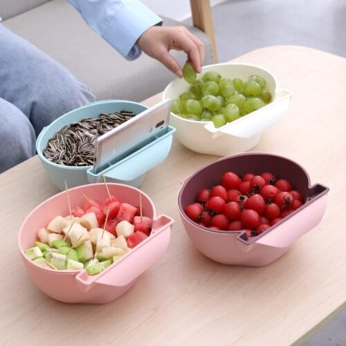 Creative Lazy Snack Bowl Drain Basket Nuts Fruit Plate Double Layers Snack Storage Box Bowl Fruit Filter Bowl With Phone Holder