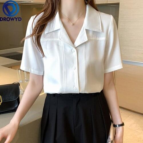 Summer Short Sleeves Solid Minimalist 2021 Elegant Loose Chic Femme Gentle OL Casual Streetwear Brief Outwear White Shirts Tops