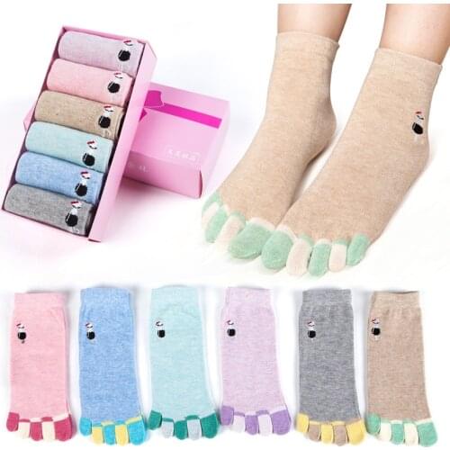 6 Pairs Five Finge Socks Female Cotton Short Colorful Cute Fingers 5 Toes Sweat Breathable Kawaii Novelty Ankle Socks