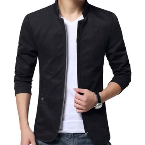 Casual Men Jacket Coat Spring Autumn Solid Color Stand Collar Zipper Pockets Thin Slim Blazer Coat Fashion Mens Clothing 2021