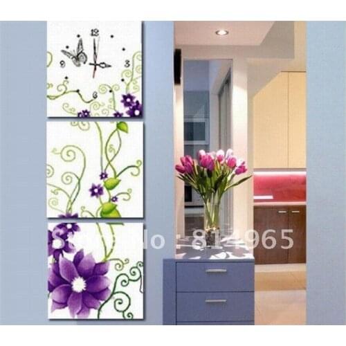 Embroidery Package Best 3 Sets (1 lot=3 Sets) 5-15Business Days Best Quality Triptych purple flower Clock Cross Stitch