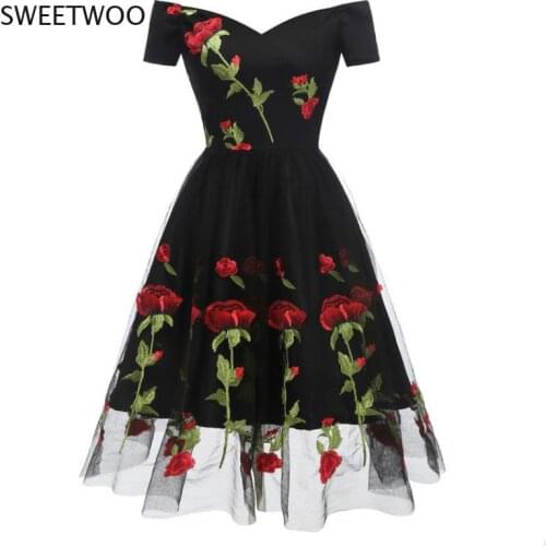 Rose Flower Embroidery V Neck Elegant Dress Pleated Mesh Overlay Floral White Dresses Women Vintage Style Party Dress