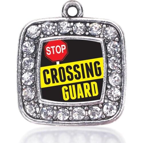 CROSSING GUARD SQUARE CHARM ANTIQUE SILVER PLATED CRYSTAL JEWELRY