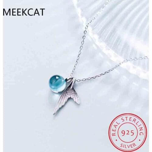 MEEKCAT 925 Sterling Silver Mermaid Pendant Necklace Blue Crystal Necklace Colar de Prata For Women Fine Jewelry New 2021