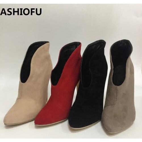 ASHIOFU Handmade New Women High Heel Boots Hotsale Party Prom Ankle Booties Large Size Cheap Fashion Short Boots Shoes