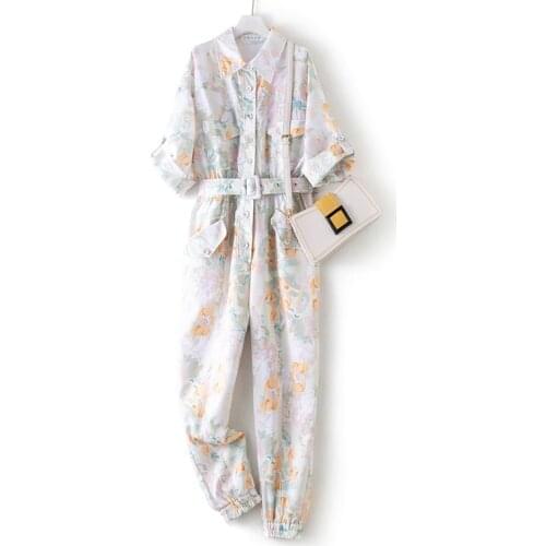 Floral Print Jumpsuit Women 2021 Summer New Single Breasted Short Sleeve Shirt Overalls Female Casual Bandage Jumpsuits Woman