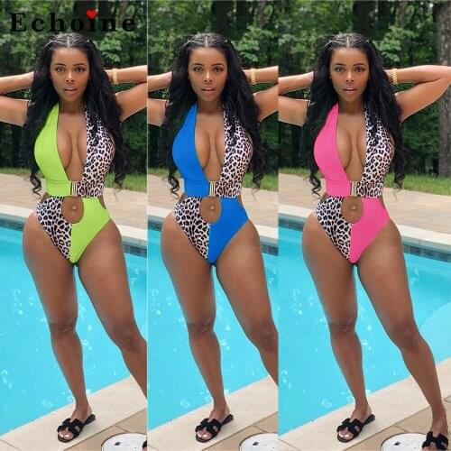 Women Sexy Swimwear Backless Leopard Printed Swimsuit Halter One-Piece Swimming Suit Bodycon Cutout Bikinis Briefs Beach Clothes