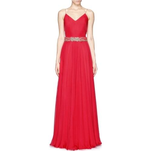 Formal party free shipping vestido de festa longo 2018 new fashion sexy backless long red crystal belt evening elegant dress