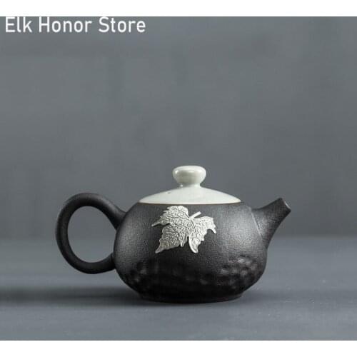 160ml Retro Black Coarse Pottery Xishi Pot Handmade Silvering Maple Leaf Teapot Kung Fu Tea Personal Master Pot Oolong Teaware