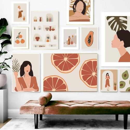 Abstract Girl Orange Monstera Bottle Avocado Nordic Posters Prints Wall Art Canvas Painting Wall Pictures Home Decoration