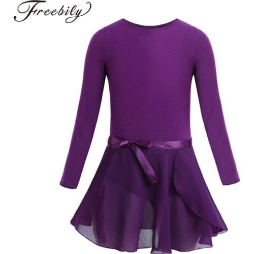Girls Ballet Dress Dancewear Cotton Long Sleeves Ballet Dance Gymnastics Leotard & Chiffon Tied Skirt Set Ballerina Clothing