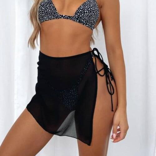Women Beach Bikinis Cover Ups Solid White Black High Waist Lace-up Split Skirts Sexy Swimsuits Bath Mesh Perspective Wraps Scarf