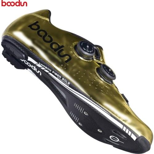 Boodun New gold Road Cycling Shoes road bike Self-Locking Shoes Carbon Fiber Ultralight professional Bicycle Racing Shoes 0.4kg