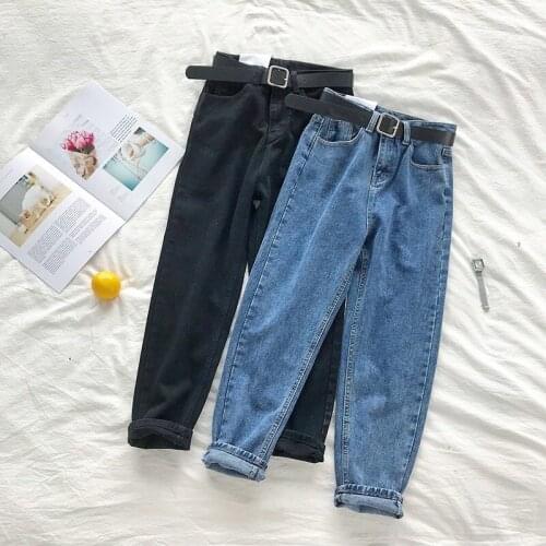 Denim Trousers Femme with Belt Korean High Waist Jeans Women Solid Belt Harem Pants Loose Casual Plus Size High Street