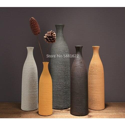 1Pcs Classic Line Ceramic Vase Bottom Non-slip Brown Small Mouth Vase Restaurant Home Countertop Floral Art Decoration Ornaments
