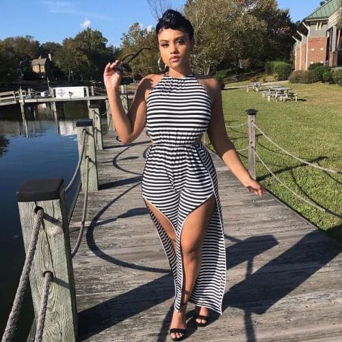 Black White Striped Print Rompers Womens Jumpsuit Off The Shoulder Double High Split Beach Outfit Summer Backless Loose Overall