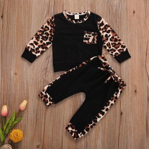 Baby Girl Boy Long sleeve Suit Leopard Stitching Round Neck T-shirt and Elastic Long Pants 2pcs Casual Baby Clothes Set
