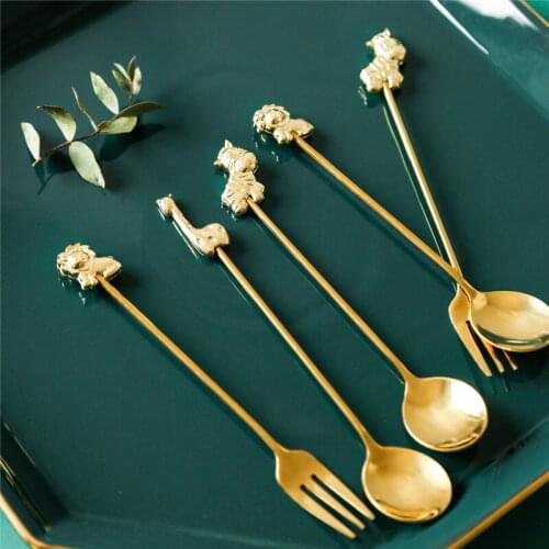 304 silver stainless steel fruit spoon fork Set Creative golden cartoon deer spoon fork coffee stirring spoon Tool Set