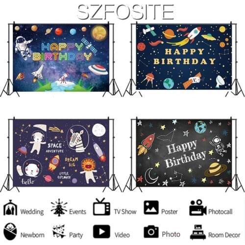 Cartoon Space Walk UFO Astronaut Planet Backdrop Photography Photo Boy Birthday Party Room Decor Kids Custom Vinyl Backgrounds
