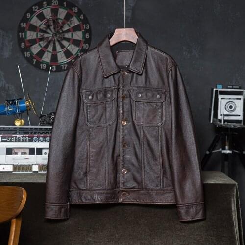 Mens Leather Jacket Vintage 100% Natural Cowhide Men Genuine Leather Coat Male Skin Clothing Asian Size Wholesale Drop Shipping