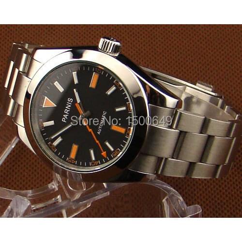 Parnis 40mm black dial orange marker Style automatic sapphire glass mens watch E969